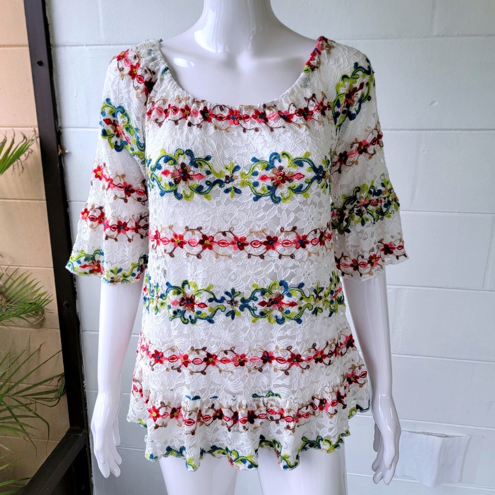Lapis Embroidered Lace Floral Top Women's S Boho Peasant Romantic Fairy Festival